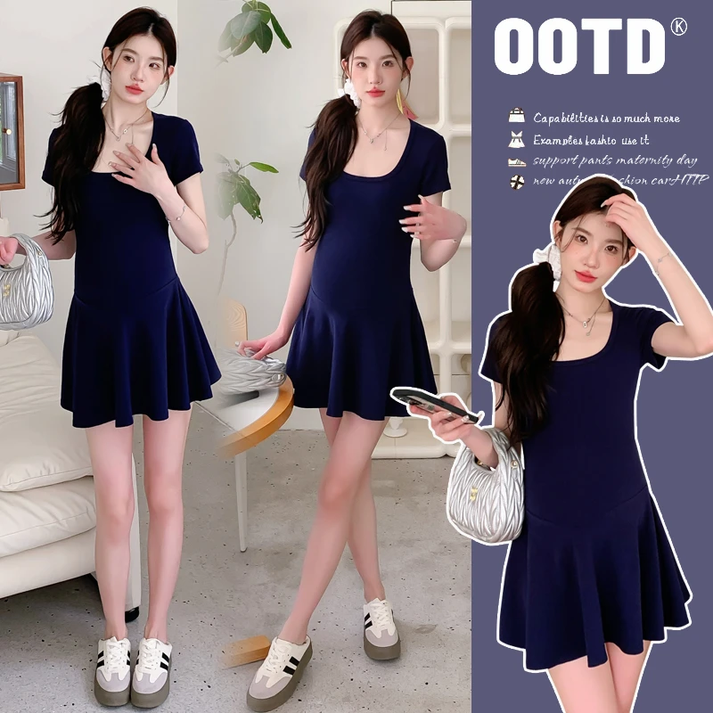 孕妇装夏款2024新款连衣裙纯色修身夏季气质短袖时尚洋气时髦裙子