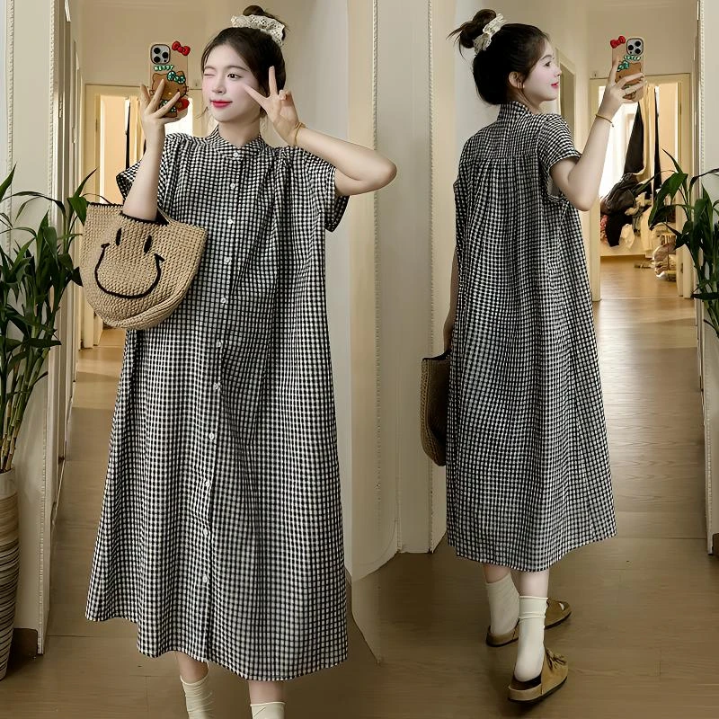 孕妇装夏款2024新款短袖连衣裙复古格子衬衫长裙时尚洋气时髦裙子