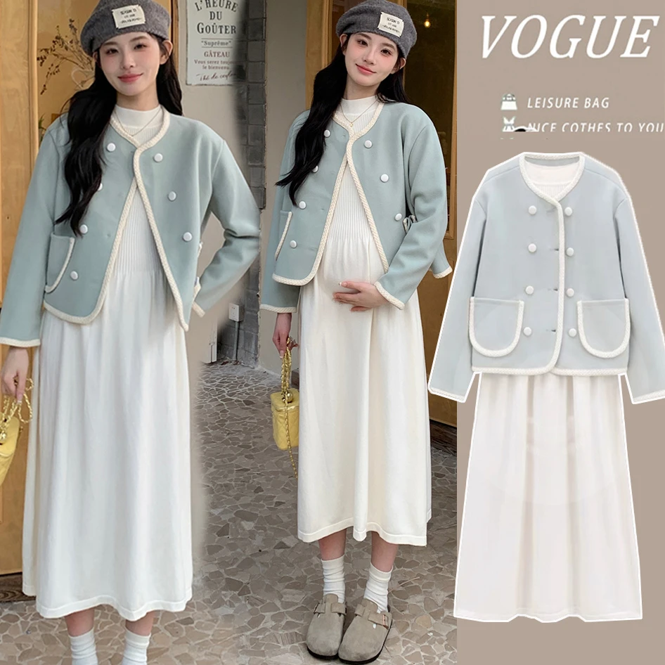 孕妇秋冬装套装2023新款温柔风大码外套孕期内搭打底连衣裙两件套