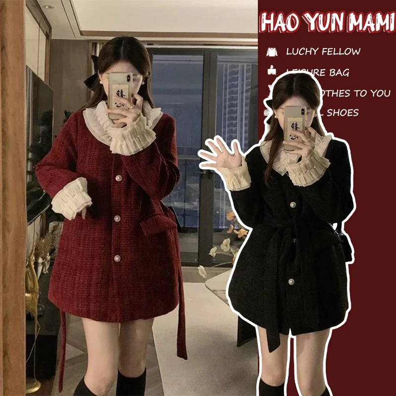 孕妇外套秋冬中长款小香风红色过年圣诞大衣冬季连衣裙加厚小个子