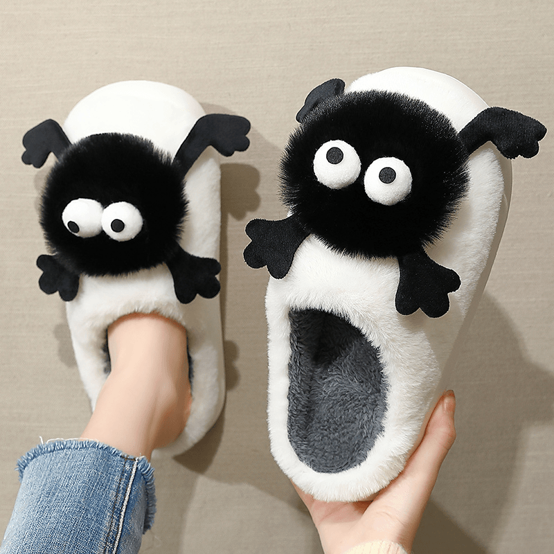 搞怪卡通黑煤球棉拖鞋女士厚底防滑冬季2024新款爆款网红毛绒棉鞋
