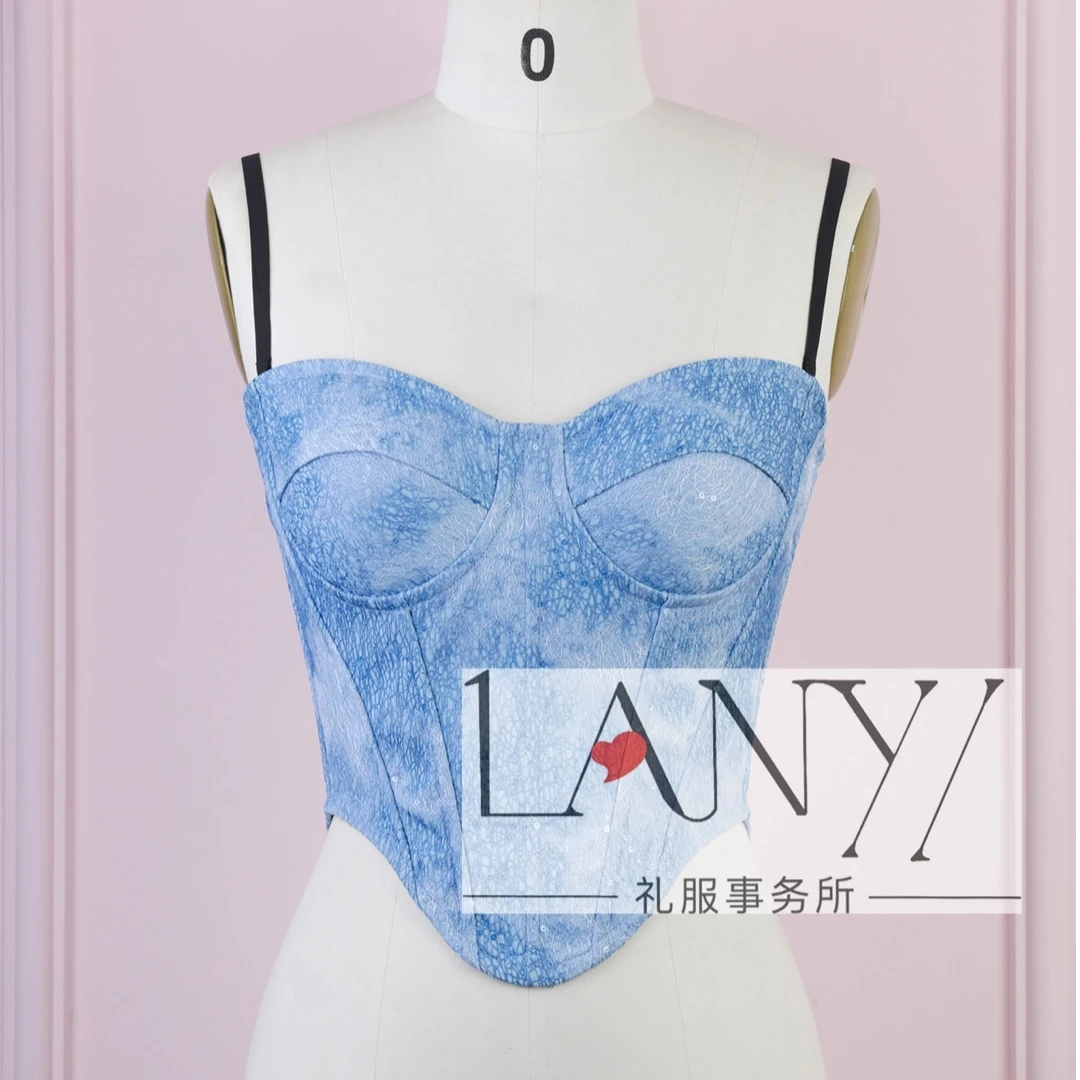 LANYI岚怡壹牛仔丝网肌理短款炸街塑身礼服上衣鱼骨胸衣修身