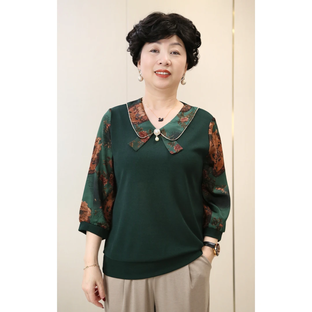 妈妈装春夏季九分袖衬衫中年女装翻领洋气小衫大码打底T恤上衣311