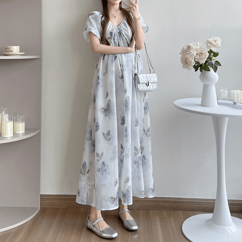 孕妇装蝴蝶花色碎花气质时尚夏季法式仙女印花大码洋气中长款显瘦