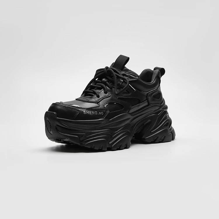 TXT新款真皮厚底时尚百搭潮流系带老爹鞋透气休闲黑色老爹鞋秋季