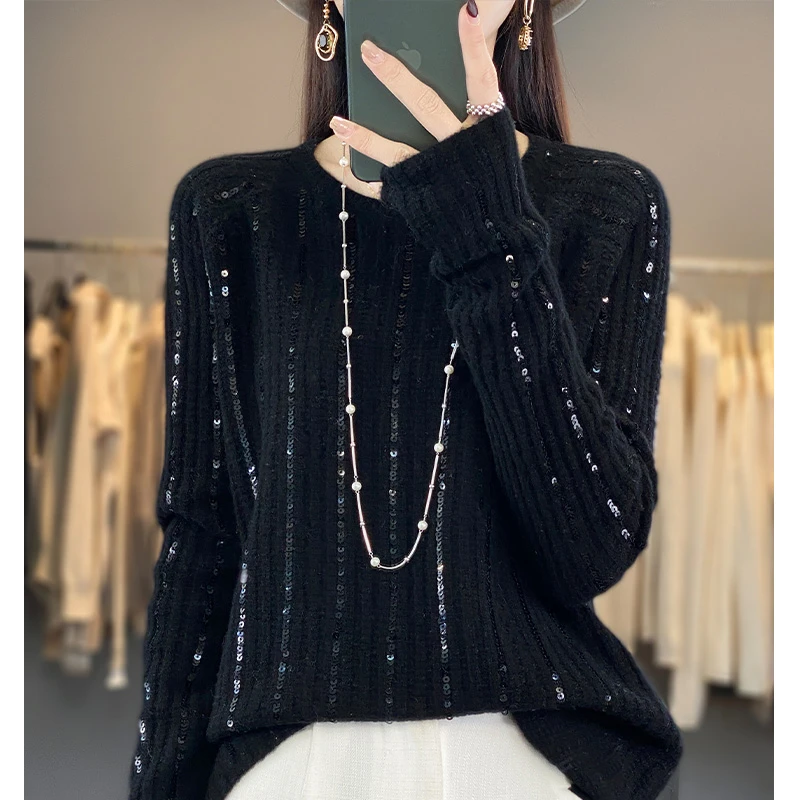 时尚亮片毛衣女纯羊毛圆领直筒修身针织衫温柔显瘦气质羊毛打底衫