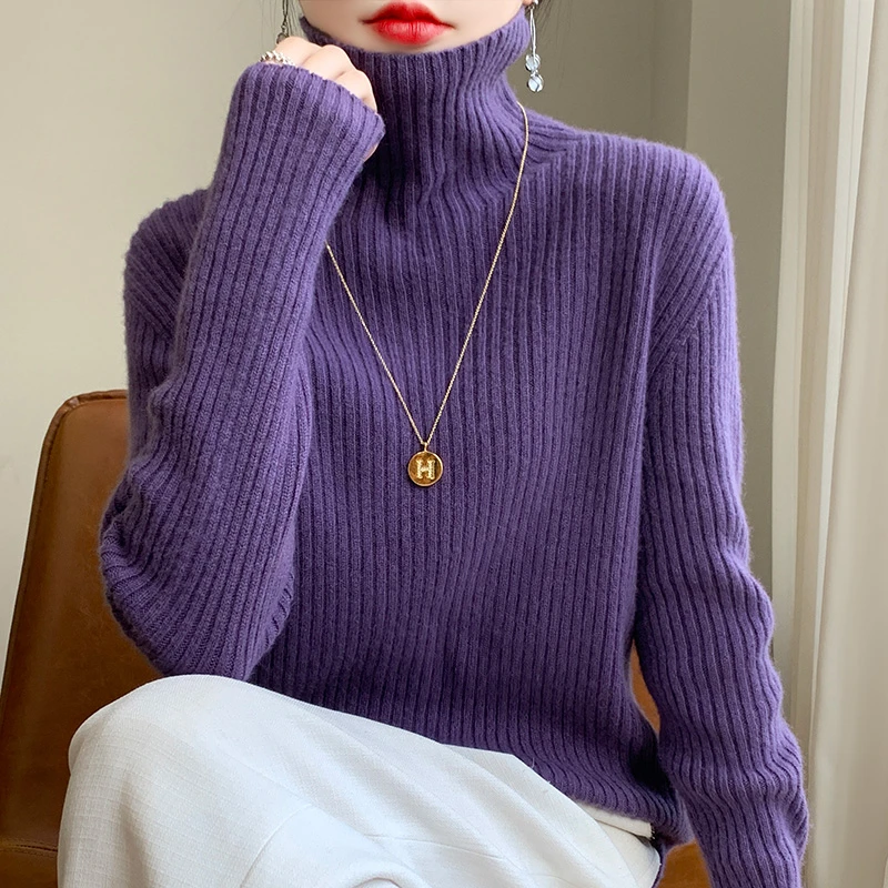 经典坑条高领羊毛衫女无缝一线成衣宽松慵懒毛衣配大衣针织打底衫