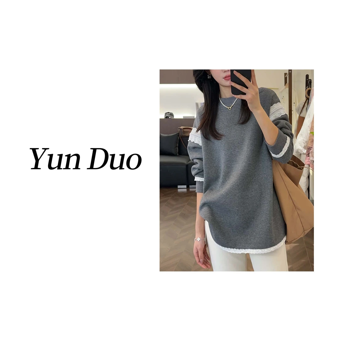 云朵定制 【灰烟】拼接蕾丝加绒甜美气质圆领卫衣IG90