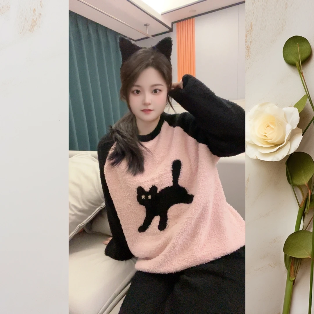 【对应编码下单】2024秋冬季针织半边绒保暖睡衣慵懒女士家居服套装