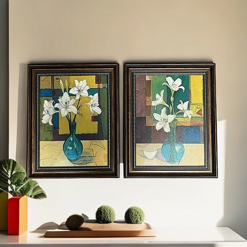 147新款《百合花》中古风客厅卧室餐厅两联装饰画美式法式床头挂画