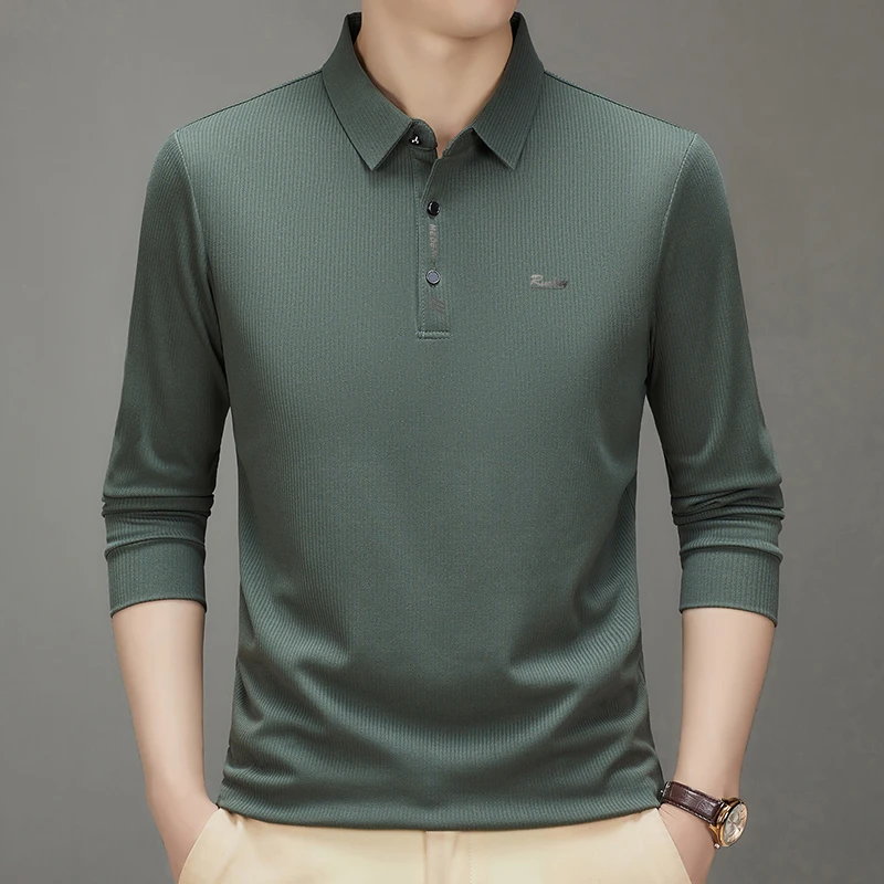 男士长袖polo衫爸爸装春秋翻领衬衣打底衫时尚休闲宽松高弹百搭