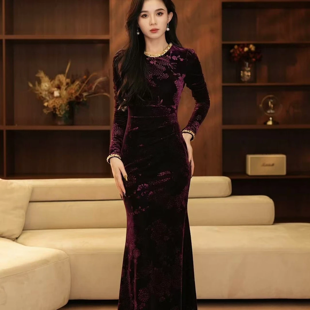 【yola】柔光雾紫秋季新款法式气质收腰显瘦鱼尾连衣裙-YL11102