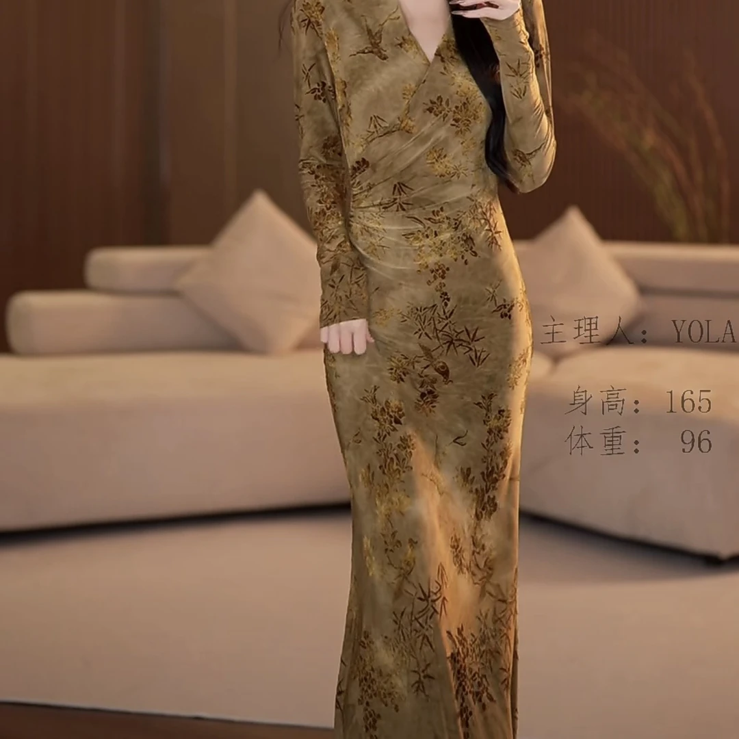 【yola】窗棂竹影秋季新款法式气质收腰显瘦鱼尾连衣裙-YL0034