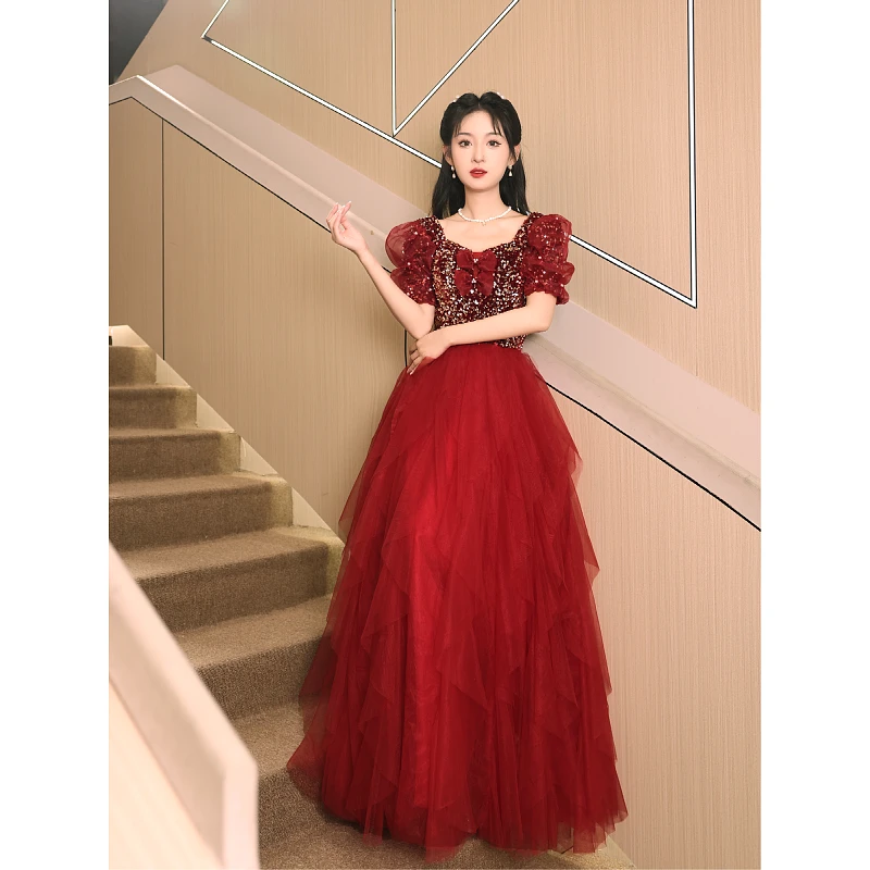 敬酒服新娘酒红色长款订婚礼服女高贵气质显瘦婚礼宴会回门晚礼服