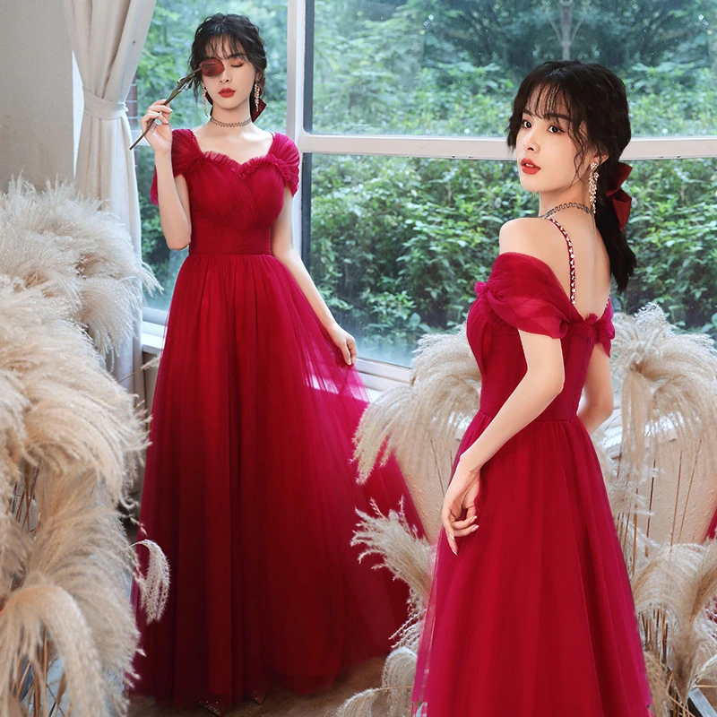 酒红色敬酒服新款新娘小个子结婚一字肩礼服裙子衣服高级平时可穿