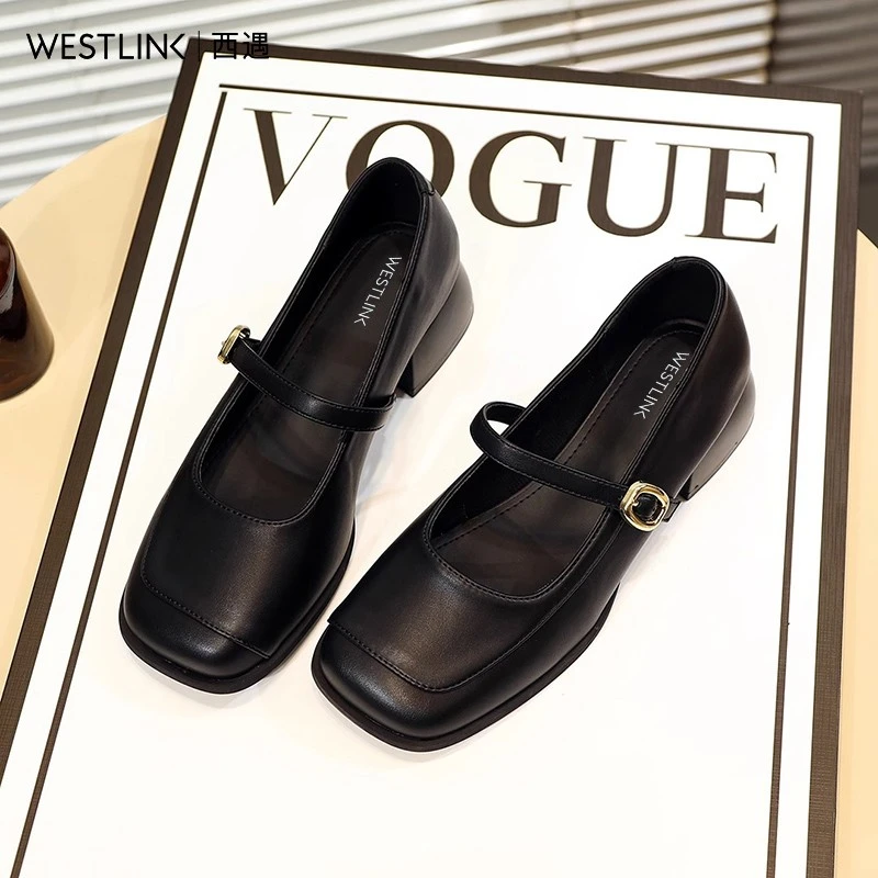 女鞋皮鞋单鞋百搭高跟方头浅口中跟黑色跟鞋