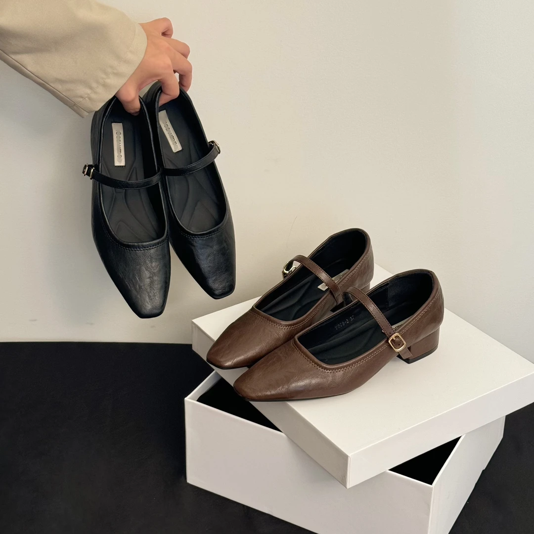 女鞋皮鞋单鞋复古法式粗跟方头时尚气质百搭真皮高跟平底浅口中跟