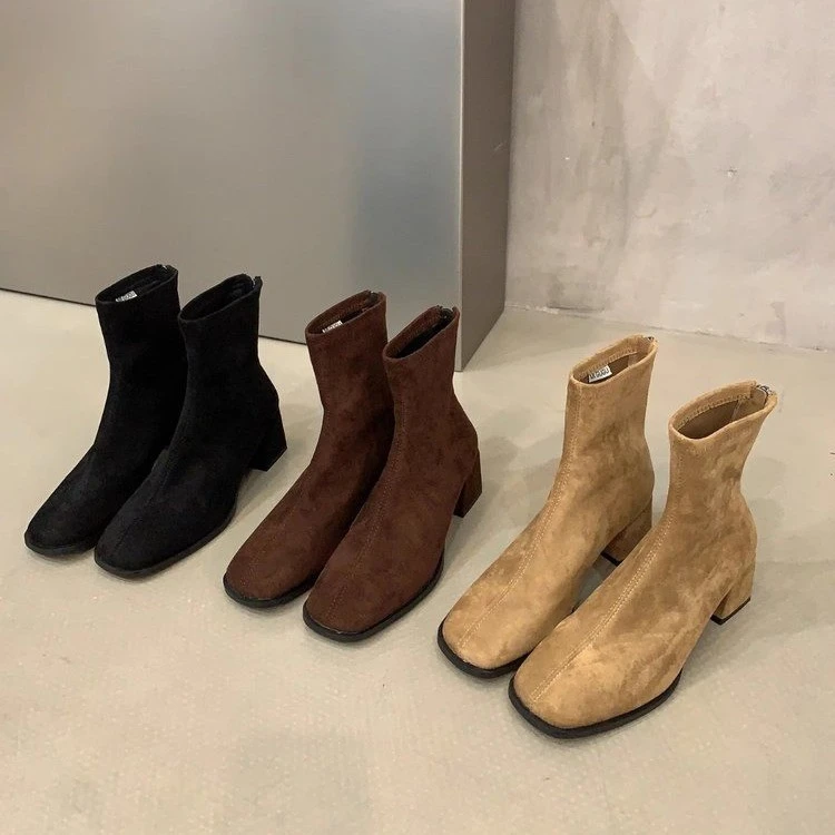 百搭复古粗跟靴子单靴方头秋冬瘦瘦靴春秋网红高跟英伦风尖头弹力