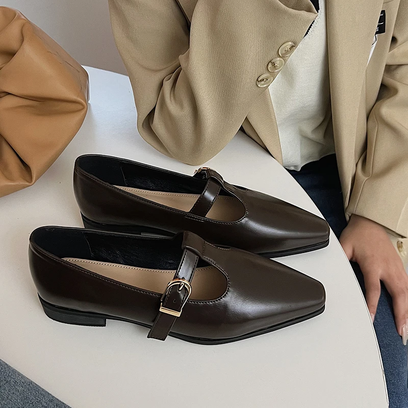 皮鞋单鞋百搭复古粗跟英伦风平底方头春秋时尚夏季黑色真皮春季