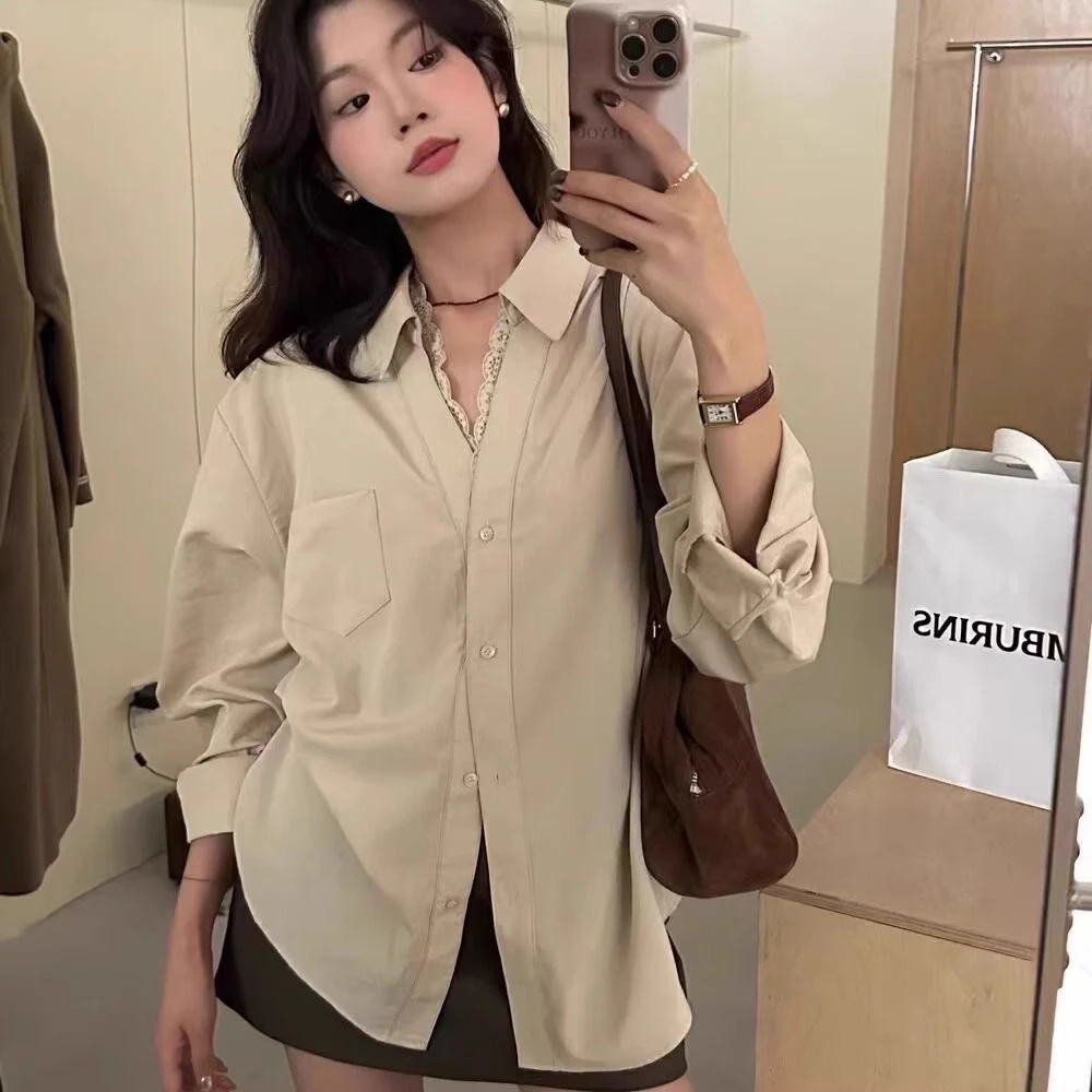 韩系蕾丝花边拼接V领衬衫女2024秋新款宽松气质百搭超好看上衣