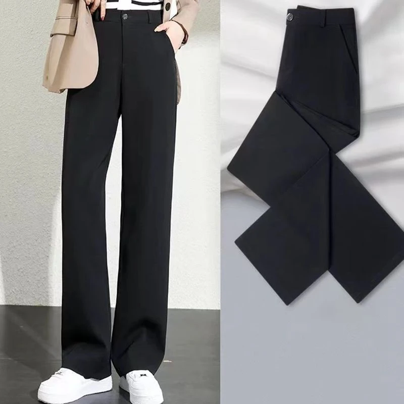 西装裤女春秋夏2023新款高腰垂感休闲阔腿小个子黑色窄版直筒裤