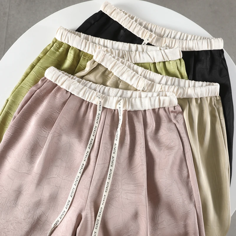 缎面醋酸垂感窄版夏季薄款高腰百搭直筒宽松休闲裤