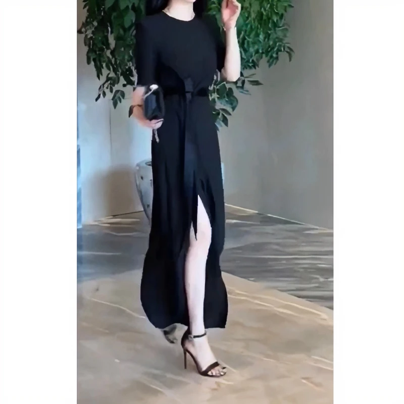 新款开叉连衣裙设计感轻奢时尚腰带女神法式名媛小众轻熟风