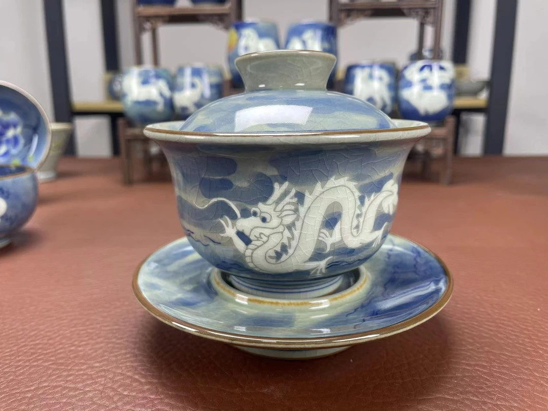 景德镇柴窑陶瓷茶杯主人杯手绘品茗纯手工釉下彩十二生肖三才盖碗