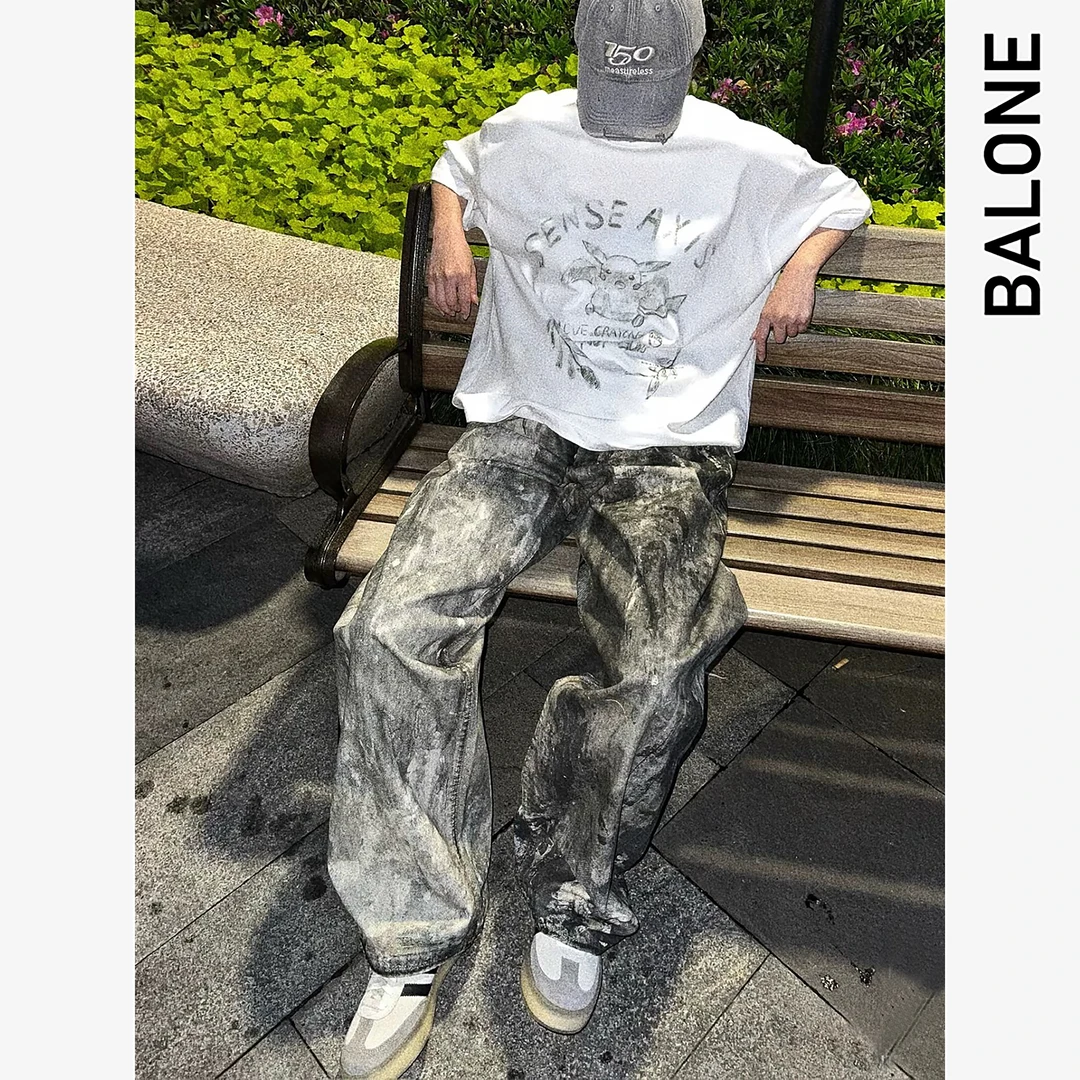 Acne 3D数码迷彩泼墨泥染印花脏脏错视做旧阔腿高街设计感牛仔裤