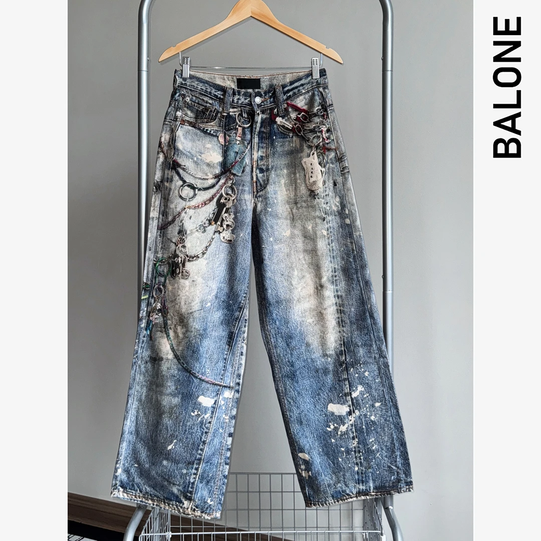 Acne Baggy3D喷墨印花涂鸦重工错视大链子dirtyfit宽松牛仔裤