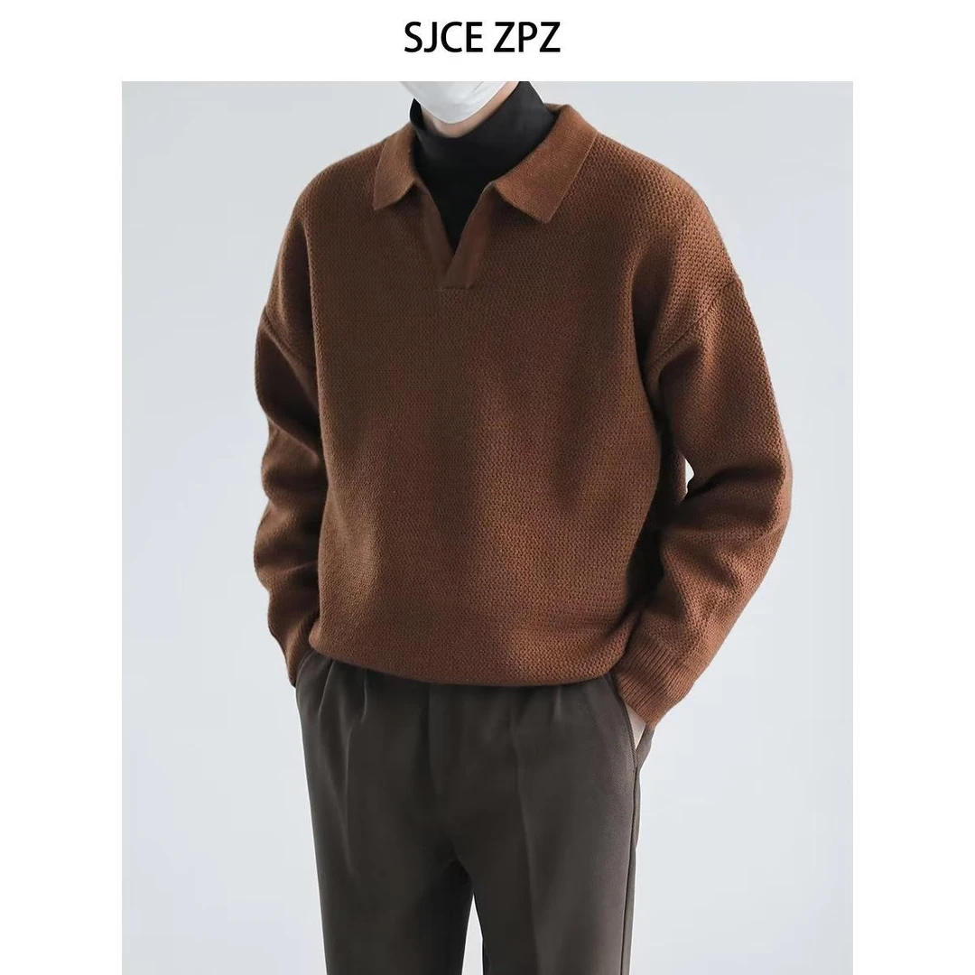 轻熟风领针织长袖恤男韩版宽松翻领纯色毛衣休闲套头打底衫新款