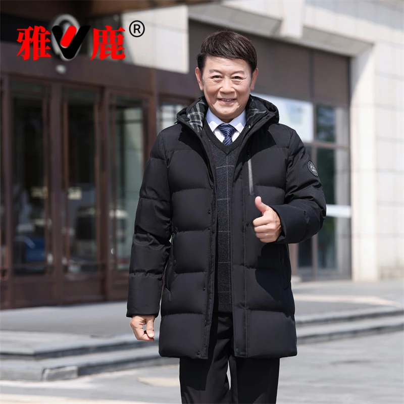 V/雅鹿中老年羽绒服男中长款2025新款加厚爸爸装商务休闲保暖外套