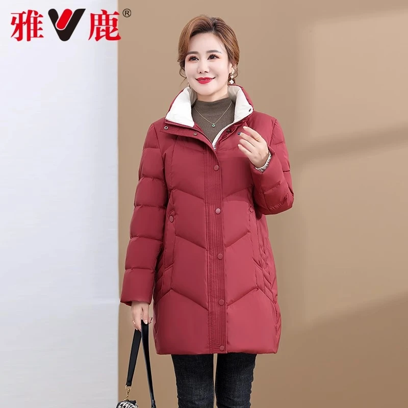 V/雅鹿中老年羽绒服女中长款2025新款韩版妈妈立领休闲保暖外套潮