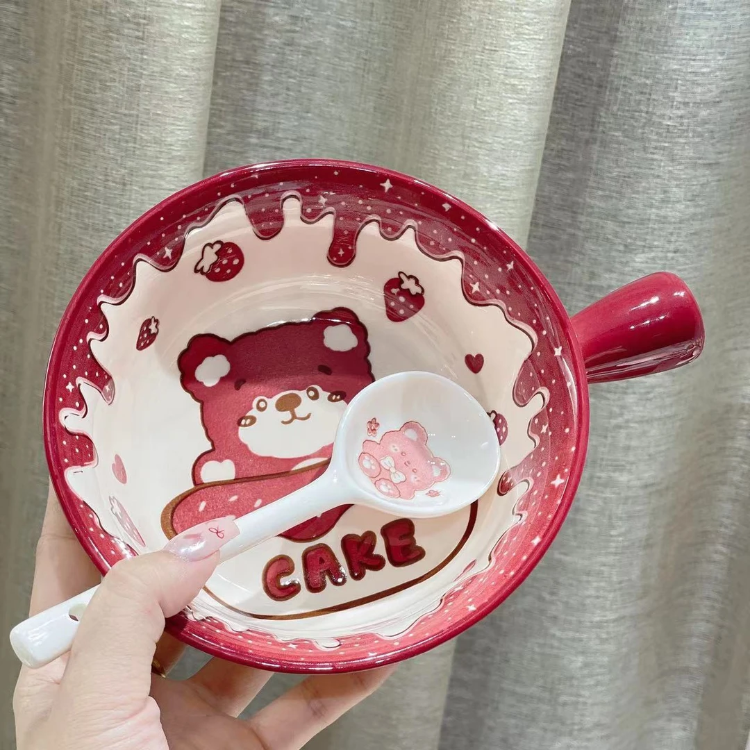 【小红熊】6寸手把碗加勺子耐高温陶瓷釉下彩餐具网红饭碗家用