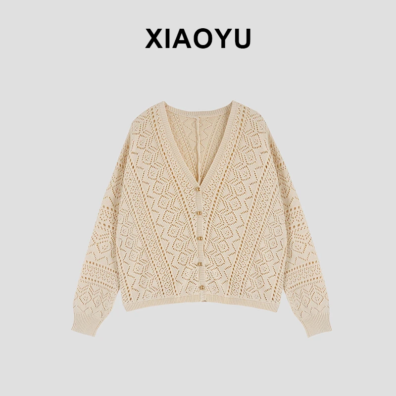 米色镂空V领开衫51950