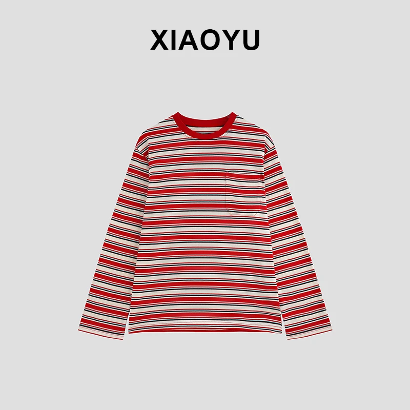 2024秋冬新款休闲口袋美式复古红色条纹T恤长袖女 C8187