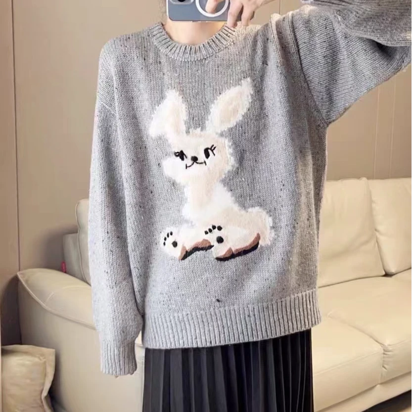 秋冬新款宽松慵懒风兔子针织毛衣女时尚卡通圆领毛衣1216