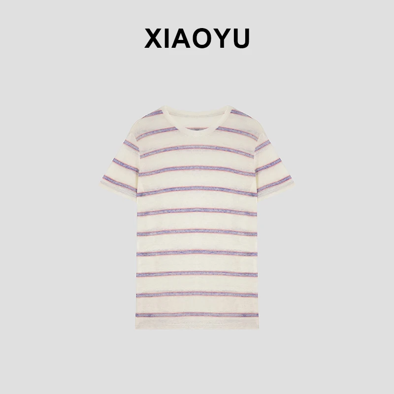 法式撞色冰丝亚麻条纹短袖T恤衫2024夏季宽松防晒休闲上衣T8899