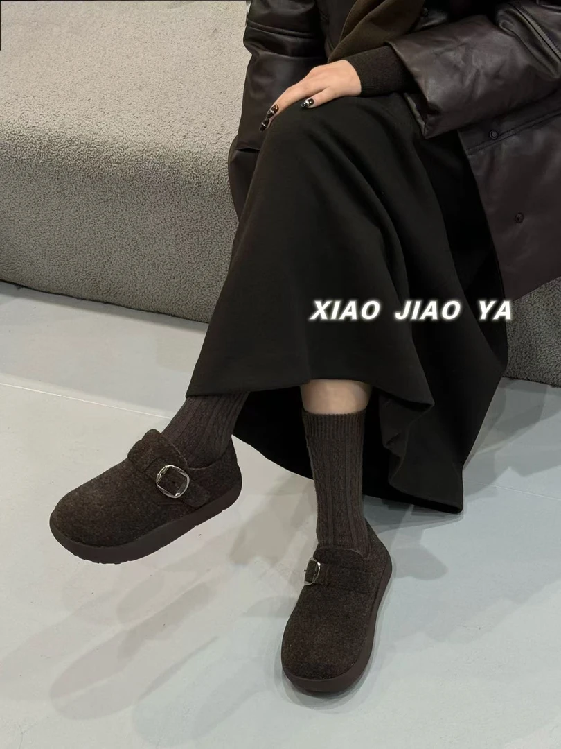 现XIAOJIAOYA【毛呢勃肯】“复古风百搭魔术贴保暖勃肯鞋”（跟高3.5）