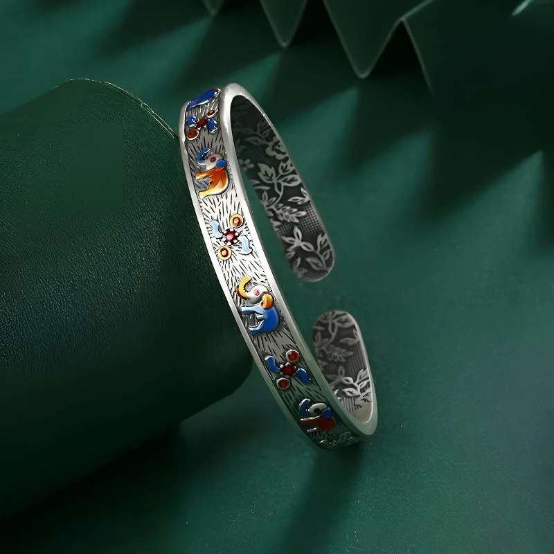 足银手镯 吉言小象足银999.9珐琅复古开口镯浮雕古法送对象动物