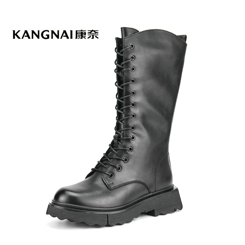 Kangnai/康奈18005专柜正品冬牛皮厚底女鞋侧拉链加绒长筒骑士靴