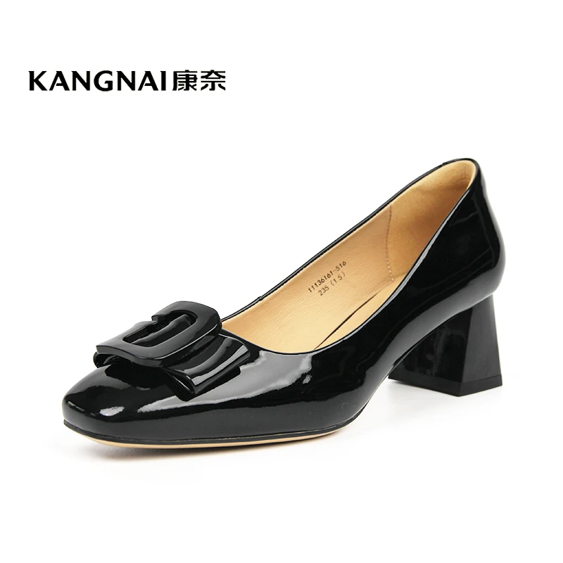 Kangnai/康奈36161专柜正品真皮方头时尚粗跟商务舒适漆皮女单鞋