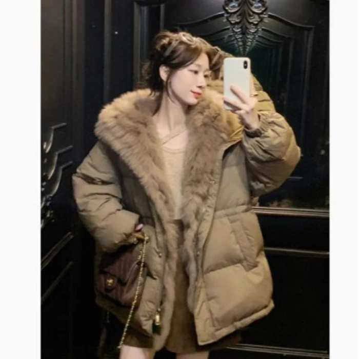 欧货高级感大毛领连帽御寒棉服女冬季新款加厚保暖仿羊羔毛外套潮