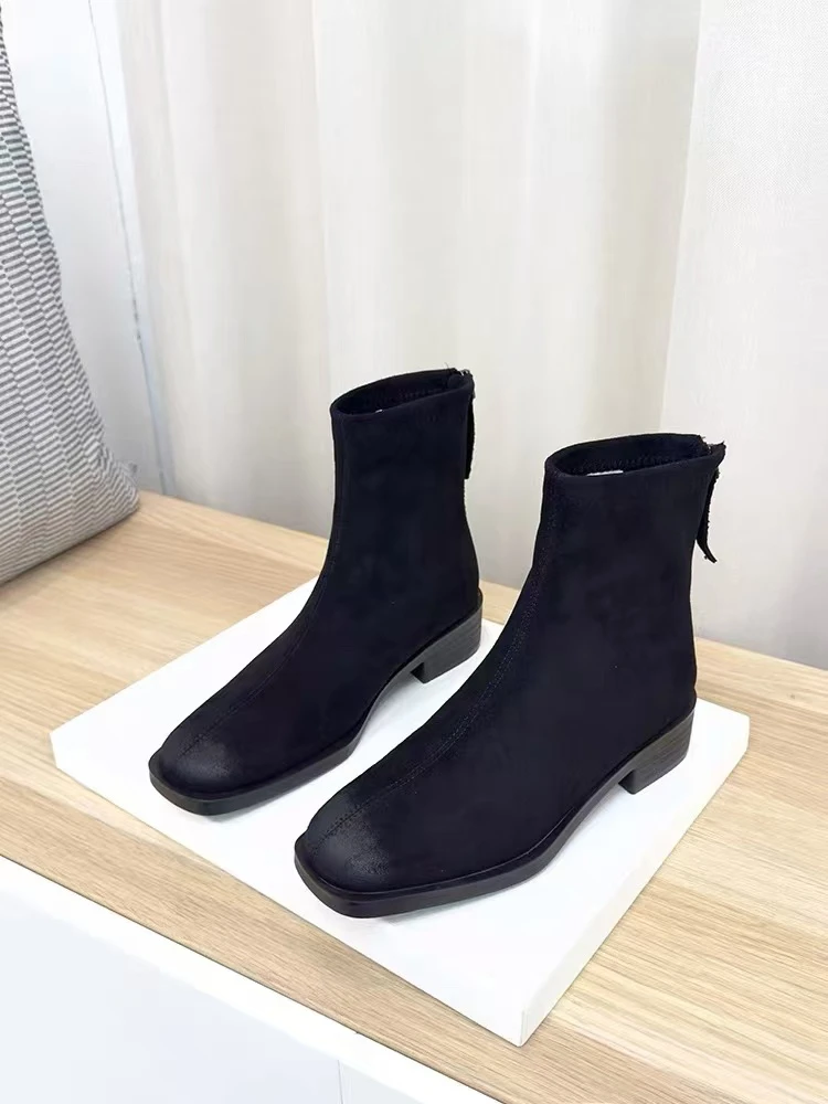 韩版瘦瘦靴女粗跟2024秋冬新款春秋单靴方头切尔西低跟短靴65-92