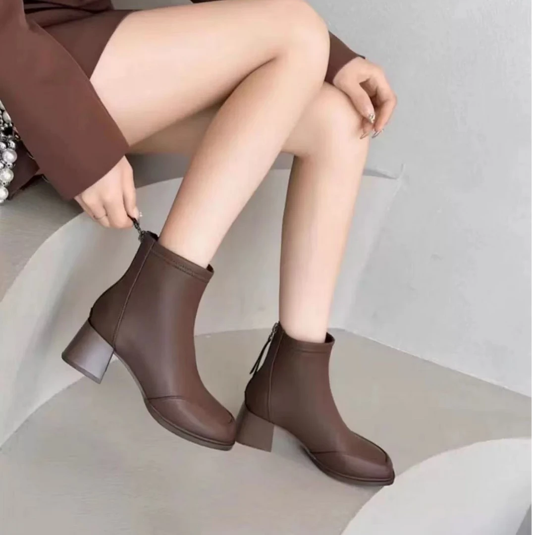 粗跟长靴秋季中跟显瘦高筒靴时尚后拉链舒适中筒靴2160-1