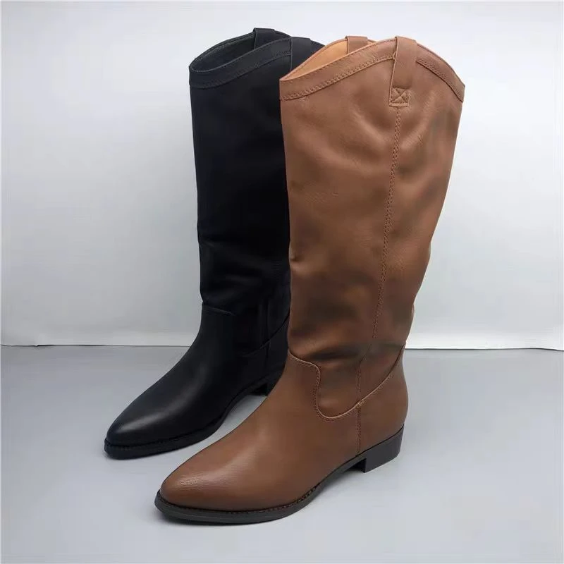 新款高筒靴女靴尖头低跟时装靴舒适皮靴不过膝靴子520-3