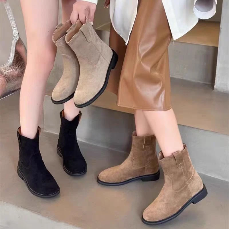 复古反绒靴短靴女瘦瘦单鞋新款马粗跟丁靴女款西部牛仔靴53281