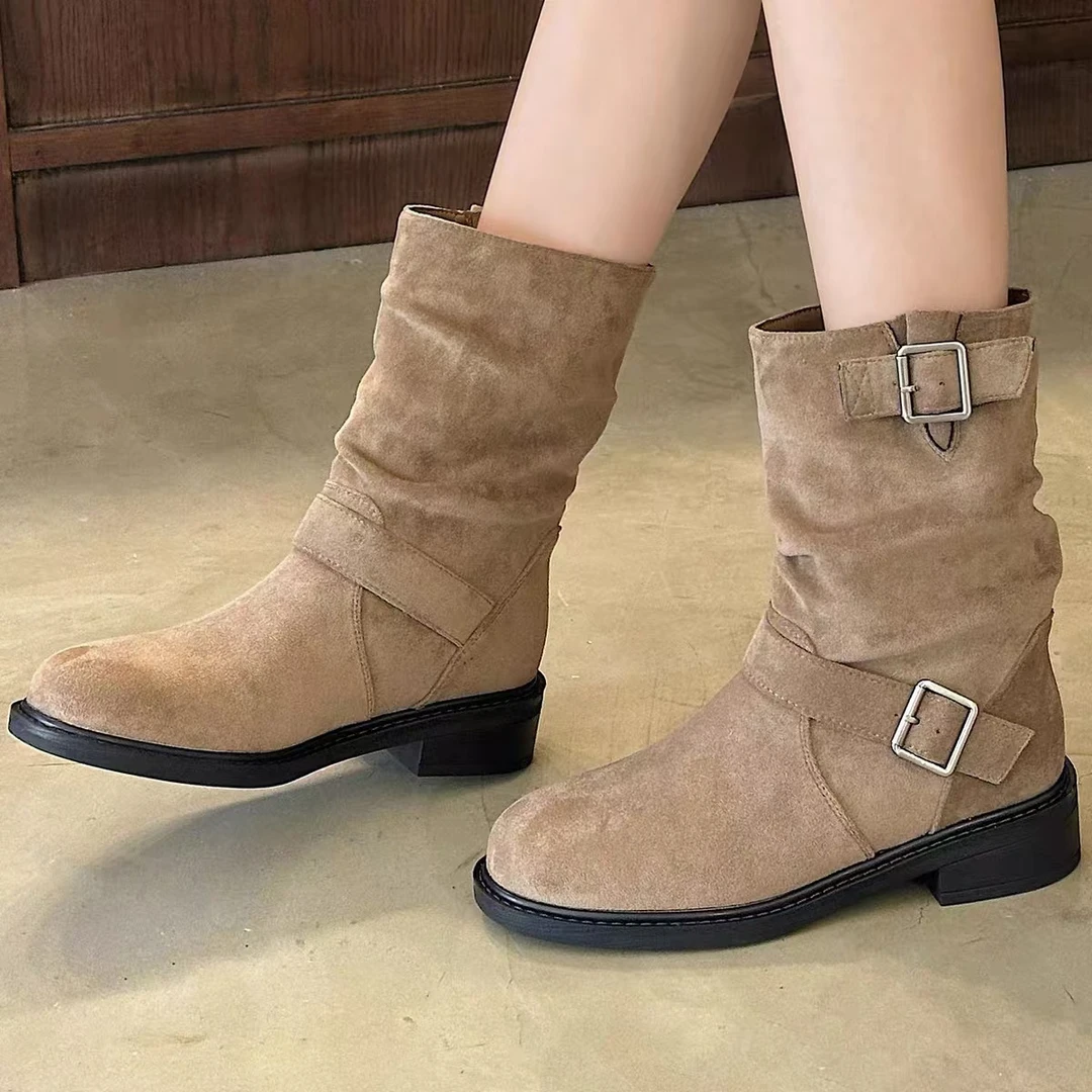 女鞋中筒靴子2024新款秋冬季粗跟时装骑士短靴加绒马丁靴1-1019