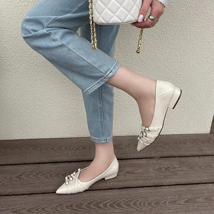 粗低跟玛丽珍女鞋2024春新款尖头浅口单鞋皮带扣工作小皮鞋JD446