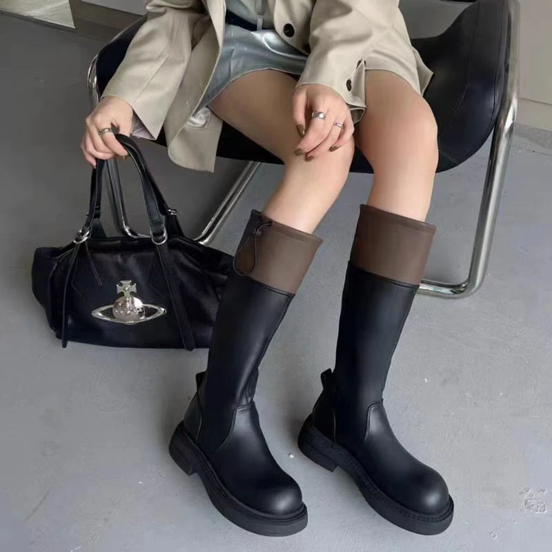 绝！今年流行靴子女长筒靴拼色加绒厚底不过膝高筒骑士靴302-11